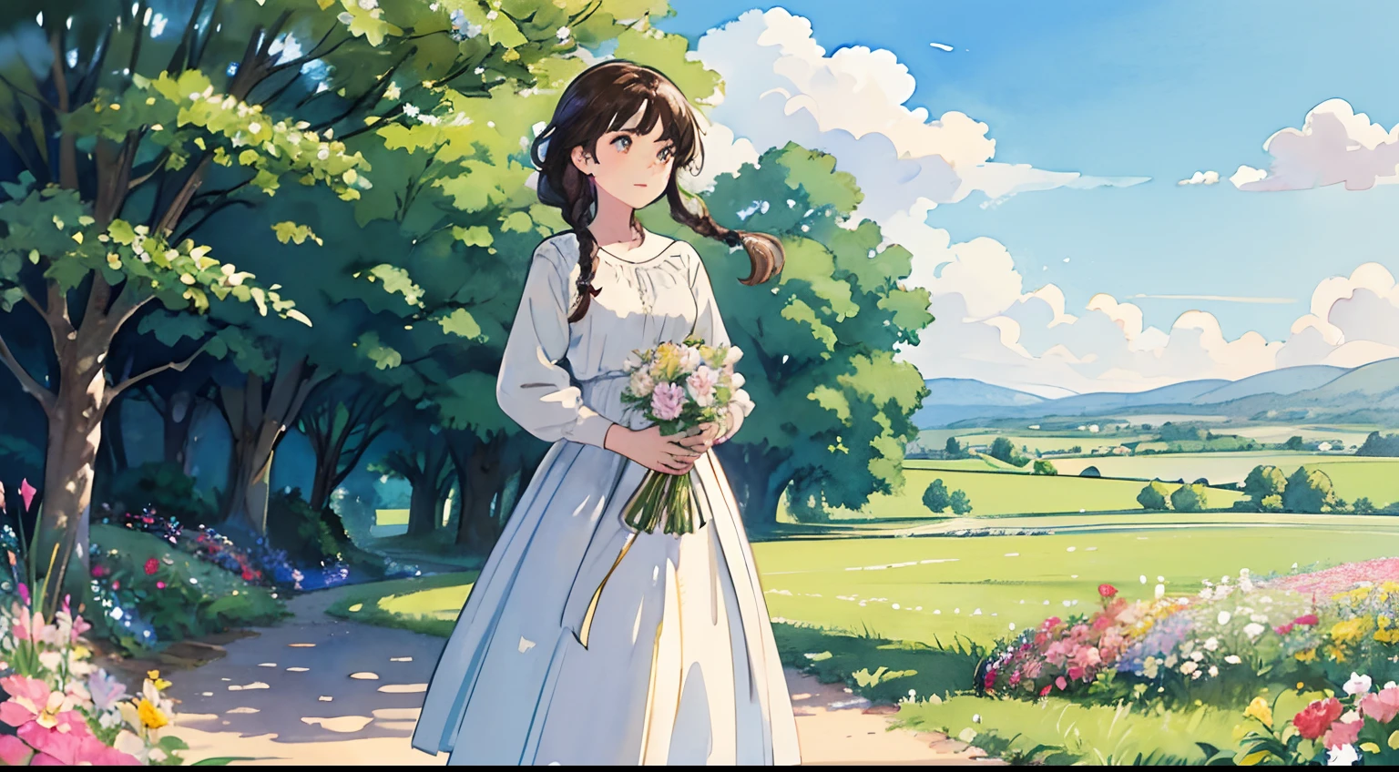 (Watercolor in Sargent style)、(top-quality、​masterpiece)、Soft light、View of the Cotswolds,Old farmhouse、rivulets、flower bloom、One lady、dark brown hair、Braided hair、White blouse and long skirt、picnic、standing on a hill、blown by the wind、Holding a bouquet of flowers in your hands、look up to、