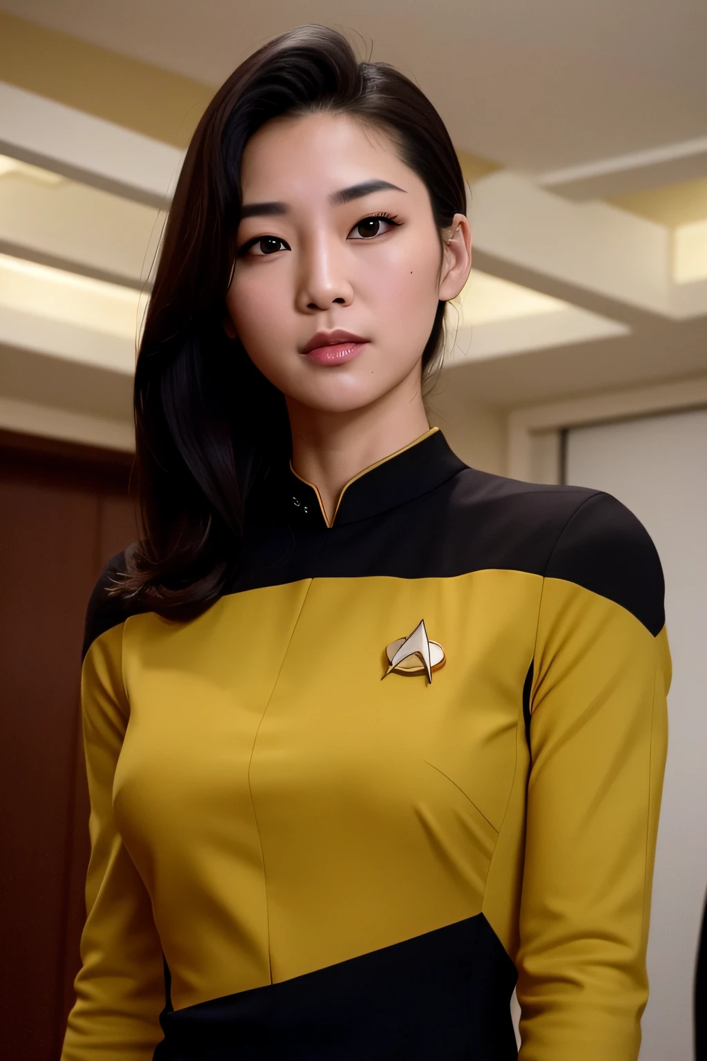 (masterpiece), best quality, expressive eyes, perfect face, Ensign Kim's older sister is a beautiful Asian girl, perfect eyes, perfect hands, yellow & black Star Trek Voyager uniform, tight uniform, photo-realistic, Harry Kim's Sister, ensign Harry Kim's Sister, bright indoor of Starship