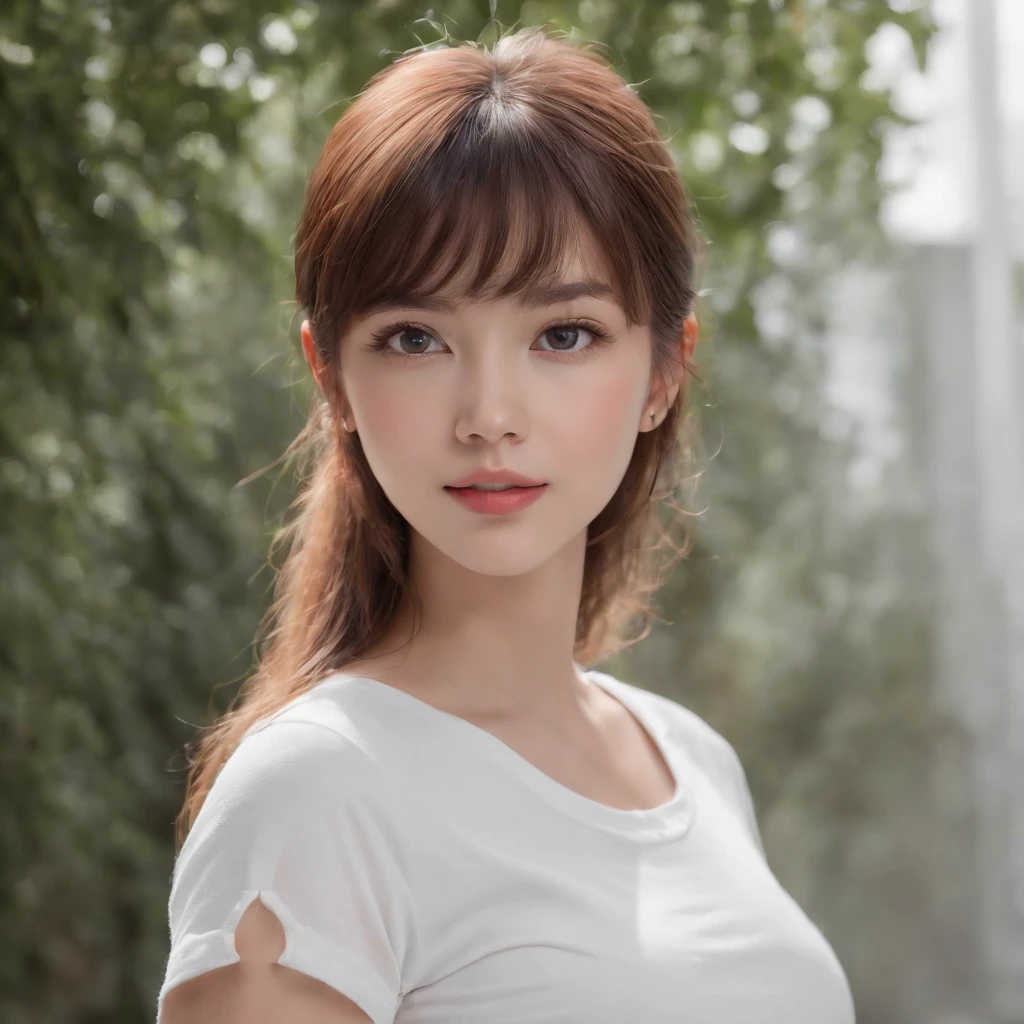 (Photo: 1.3) af (realism: 1.4), ((white T-shirt)), (flat bangs, straight bangs, long hair, straight hair,), super high resolution, (realism: 1.4), 1 girl, female avatar, soft light, short hair, facial focus, cheerful, young, confident, ((gray background)), (((monochrome background))), high definition, details, slightly looking up, perfect picture, movie quality , ultra high definition, female avatar, beautiful girl, young and pretty, delicate face, elegant and luxurious