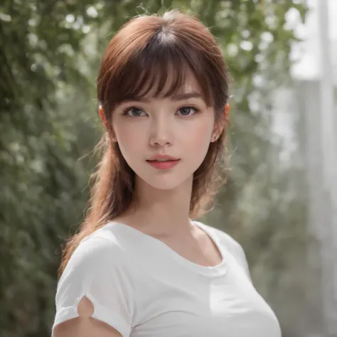 (Photo: 1.3) af (realism: 1.4), ((white T-shirt)), (flat bangs, straight bangs, long hair, straight hair,), super high resolution, (realism: 1.4), 1 girl, female avatar, soft light, short hair, facial focus, cheerful, young, confident, ((gray background)),...
