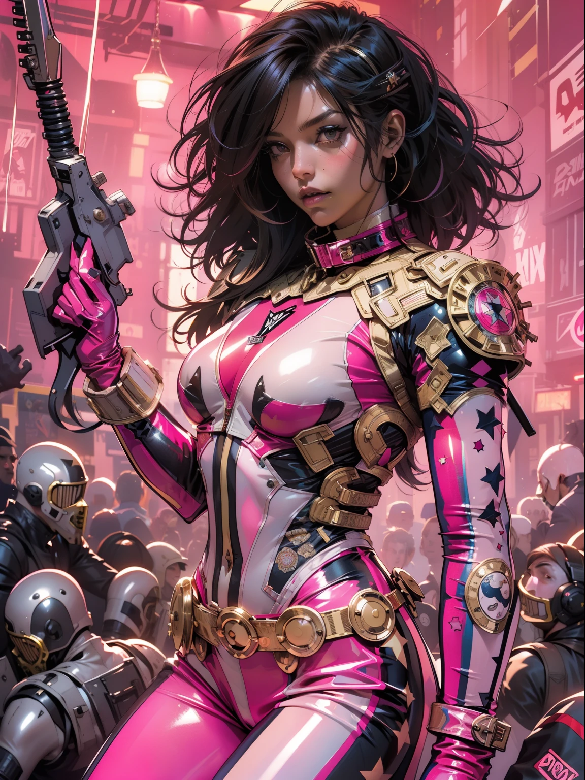 (((woman))), (((best qualityer))), (((tmasterpiece))), (((AS-Adult))), (((1girll))), ((( Bob Hairstyles ))), ((( latina ))), ((( dark-skin ))), A 25-year-old cyberpunk gladiator with a perfect body, Shoulder pads with metal spines, Brooklyn gladiolus, tanned (( Bob Hairstyles )), Small leather panties, Torn football team shirt, Simon Beasley, almost naked（Simon Bisley）Urban barbaric style for《heavy metal》MagazineCover, with short golden hair, Minimum clothing, Left arm metal protection，With complex graphics, Faded red with white stars and paisley motifs, navy and white, Armor painted with aggressive graphics, Full of tips and rivets, (((From the knee up))), The background is Shepard Fairley（Shepard Fairey）Painted walls of complex design(RAW photo:1.2)，Pink latex jumpsuit，Hollow-out on，Holt collar, latex shiny,tight-fitting，sweat leggs，White liquid， Pink body, wearing atsuko kudo latex outfit, wearing tight suit, Smooth pink skin, catsuits, Wearing latex, shiny plastic, shiny metallic glossy skin, The color of pink glow, latex outfit, chrome bodysuit, cyberpunk glossy latex suit, Shiny, futuristic glossy latex suit　spread their legs　M-shaped legs　angry look　sullenness　Irritated，white liquid all over body，