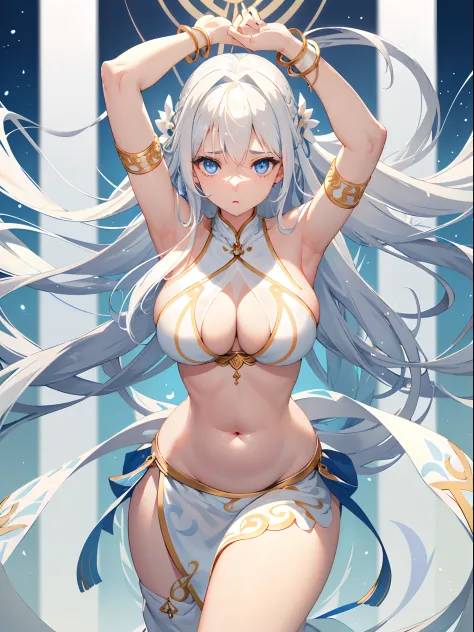 1girl in、White hair、Blue eyes、wall-paper、Super long hair、Curly hair、white backgrounid、symmetry、facing front、Upper body close-up、Close UAMENTED、爆乳、big areolae、((Belly dance)、see -through)、(((bending forward、look up to)))