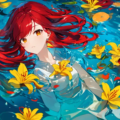 girl underwater, long flowing red hair, asas de anjo, yellow and white orange lily flowers