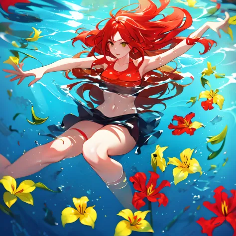 girl underwater, long flowing red hair, asas de anjo, yellow and white orange lily flowers