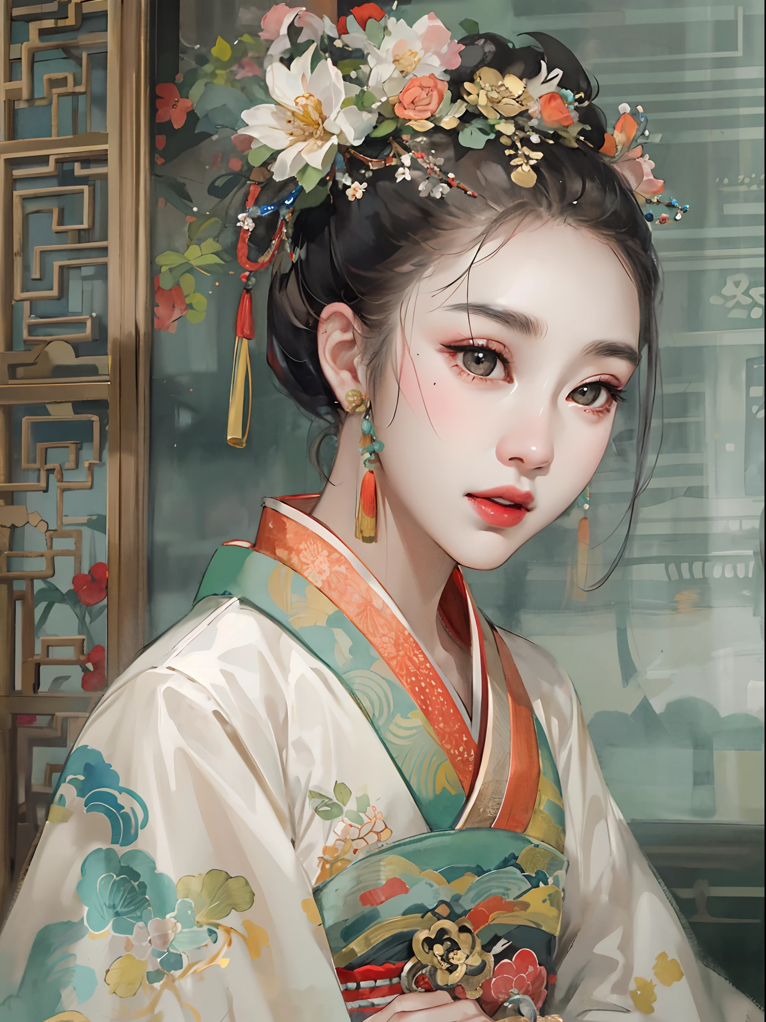 （tmasterpiece：1.2，best qualtiy），（Very detailed face，Real pictures，Realistic skin，photorealistic body，Complicated details），solo，1girll，Traditional Chinese clothing，Tang dynasty Hanfu，（aquarel：1.3），oiran，