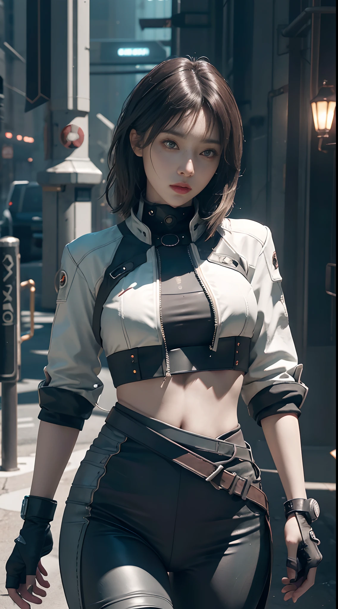 ((Best quality)), ((masterpiece)), (detailed:1.4), 3D, an image of a beautiful cyberpunk female,HDR (High Dynamic Range),Ray Tracing,NVIDIA RTX,Super-Resolution,Unreal 5,Subsurface scattering,PBR Texturing,Post-processing,Anisotropic Filtering,Depth-of-field,Maximum clarity and sharpness,Multi-layered textures,Albedo and Specular maps,Surface shading,Accurate simulation of light-material interaction,Perfect proportions,Octane Render,Two-tone lighting,Wide aperture,Low ISO,White balance,Rule of thirds,8K RAW,