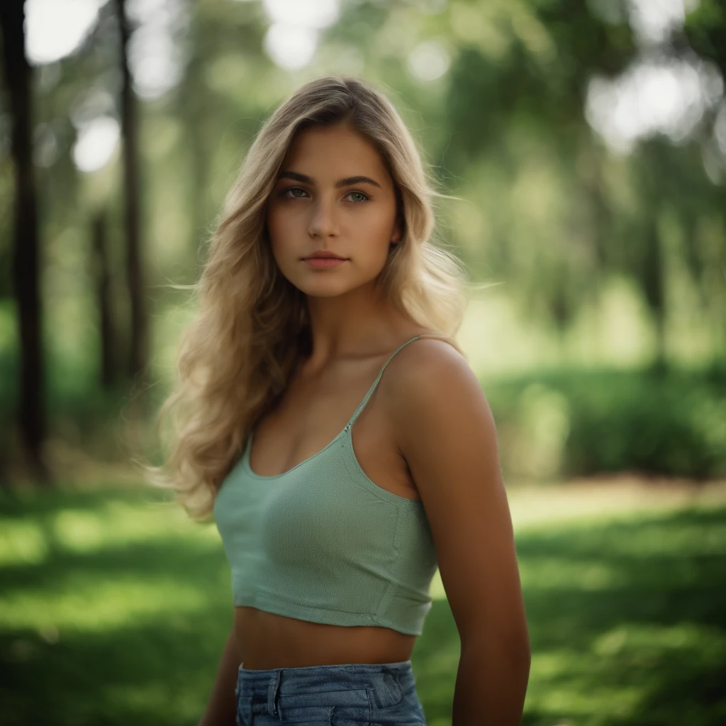 A close up of a woman in a blue top standing in a park - SeaArt AI