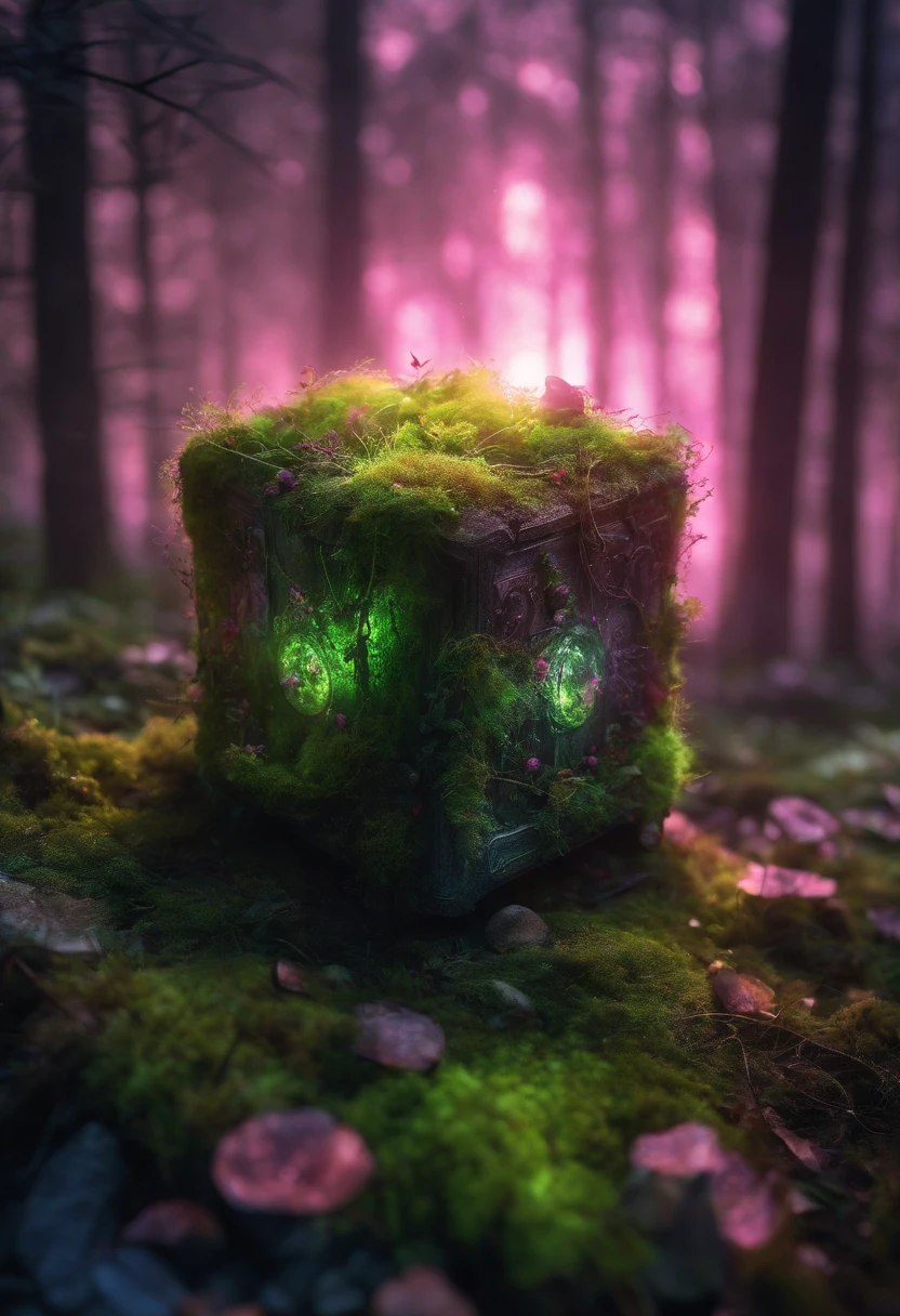 colorfull neonbiotranslucent cube glowmoss enchanted forrest, lens flares, foggy background