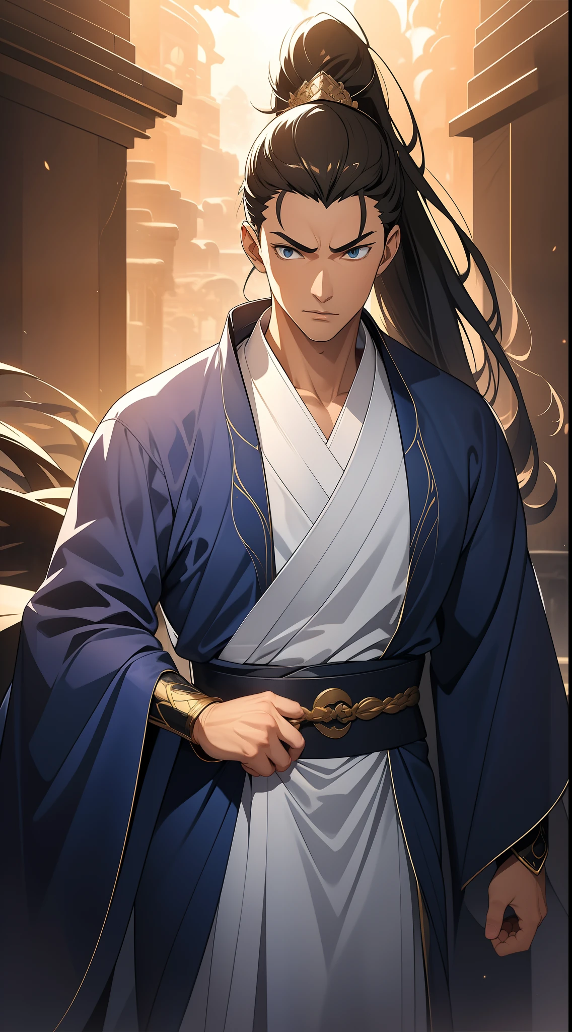 quadratic element，style of anime，mtu（Male Warrior），The proportions are correct，Face details，swordsmen，High ponytail hairstyle，Neck details，There is an Adam's apple，Blue suit，kaftan，long blue robes，clothes details，Handing over，longer sleeves，Game quality，Swordsmanship，Light and shadow tracking，Ray traching，detailed glow，cg render，hair detail，Black long hair，blue colored eyes，Handsome，Handsome，（juvenile sense），Clothing is complicated，Perfectcomposition，Refinement，high qulity，higher details，Lots of details，The background is complex，a sense of atmosphere，