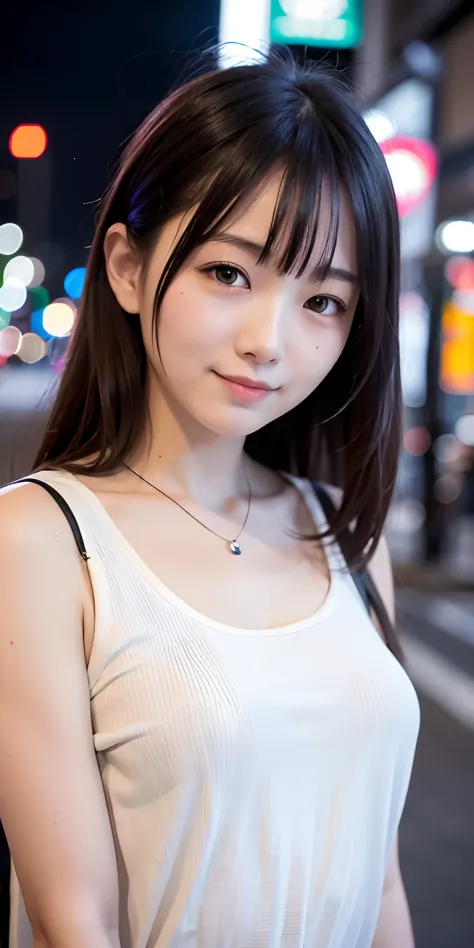 1 girl, Tokyo street, night, cityscape, city lights, upper body, close-up, blouse, smile, (8k, RAW photo, top quality, masterpiece: 1.2), (real, photoreal: 1.37),