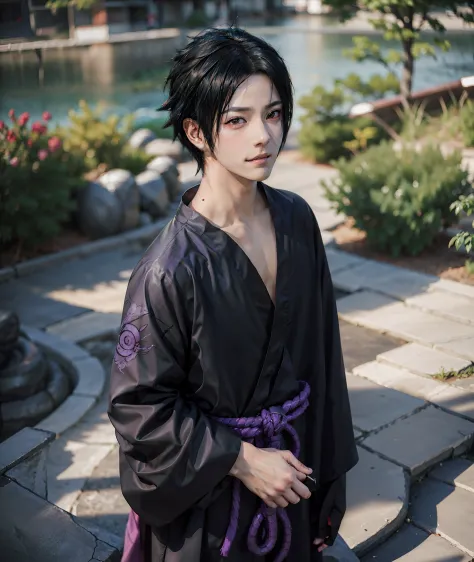 1male, uchiha sasuke in anime naruto, short hair , black hair, red eyes, handsome, smile, purple clothes, realistic clothes, det...
