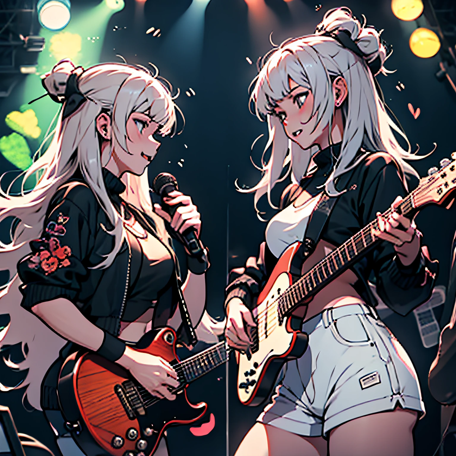 兩個女孩、彈吉他、面對面、玩得開心、在现场表演、霓虹灯