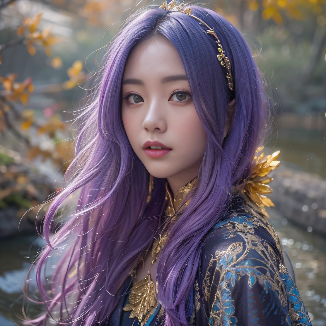 Genki Girl 32K（tmasterpiece，k hd，hyper HD，32K）Long flowing bright purple hair，Autumn Pond，zydink， a color， Asian people （Genki girl）， （Silk scarf）， Combat posture， looking at the ground， long whitr hair， Floating bright purple， Fire cloud pattern gold tiara， Chinese long-sleeved gold silk garment， （Abstract metaverse splash：1.2）， white backgrounid，Lotus vitality protector（realisticlying：1.4），Bright purple hair，Smoke on the road，The background is pure， A high resolution， the detail， RAW photogr， Sharp Re， Nikon D850 Film Stock Photo by Jefferies Lee 4 Kodak Portra 400 Camera F1.6 shots, Rich colors, ultra-realistic vivid textures, Dramatic lighting, Unreal Engine Art Station Trend, cinestir 800，A girl with long flowing bright purple hair