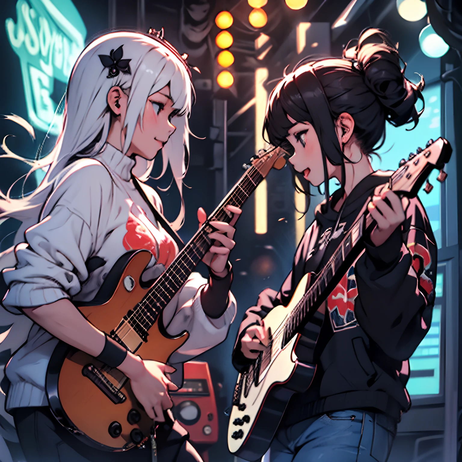 두 소녀、기타 연주、서로 마주하다、재미있게 놀아보세요、라이브 공연장에서의 공연、네온