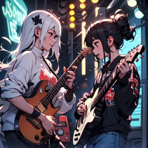 Two girls、Playing guitar、Facing each other、Have fun playing、Performing at live venues、neons