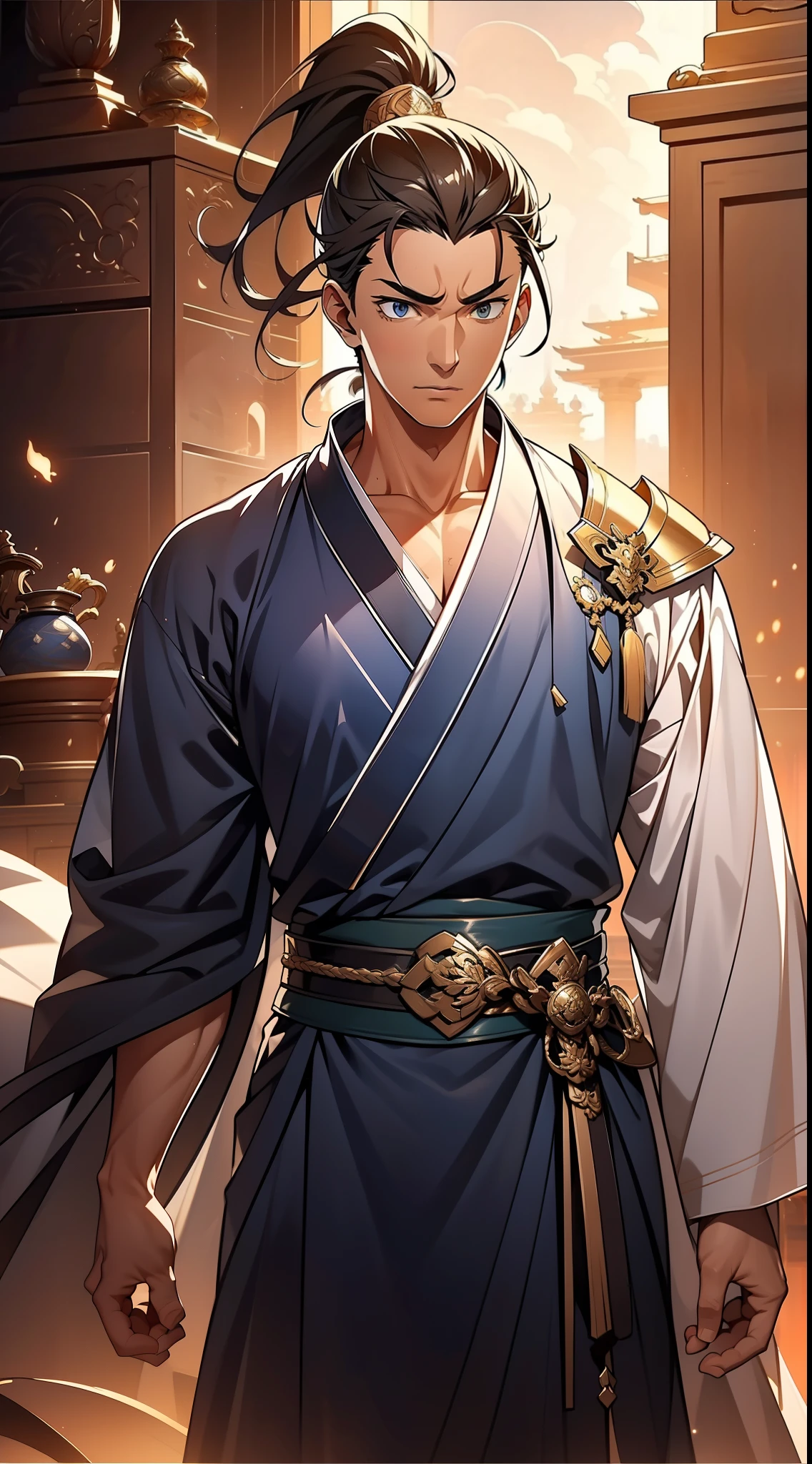 quadratic element，style of anime，mtu（Male Warrior），The proportions are correct，Face details，swordsmen，High ponytail hairstyle，Neck details，There is an Adam's apple，White robe，kaftan，long white robe，clothes details，Handing over，longer sleeves，Game quality，Swordsmanship，Light and shadow tracking，Ray traching，detailed glow，cg render，hair detail，cabelos preto e longos，blue colored eyes，Handsome，Handsome，（juvenile sense），Clothing is complicated，Perfectcomposition，Refinement，high qulity，higher details，Lots of details，The background is complex，a sense of atmosphere，