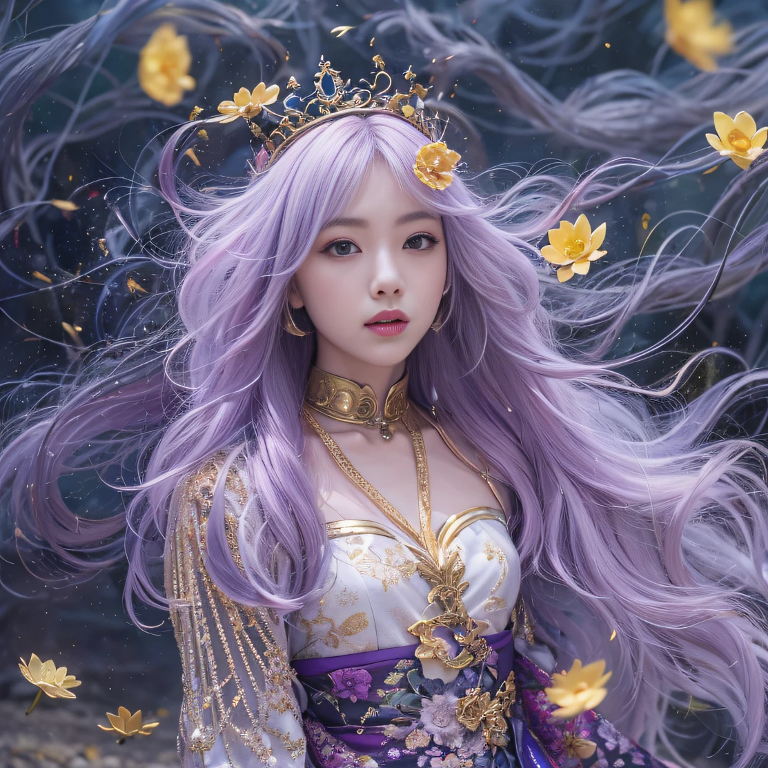 Genki Girl 32K（tmasterpiece，k hd，hyper HD，32K）Long flowing bright purple hair，Autumn Pond，zydink， a color， Asian people （Genki girl）， （Silk scarf）， Combat posture， looking at the ground， long whitr hair， Floating bright purple， Fire cloud pattern gold tiara， Chinese long-sleeved gold silk garment， （Abstract metaverse splash：1.2）， white backgrounid，Lotus vitality protector（realisticlying：1.4），Bright purple hair，Smoke on the road，The background is pure， A high resolution， the detail， RAW photogr， Sharp Re， Nikon D850 Film Stock Photo by Jefferies Lee 4 Kodak Portra 400 Camera F1.6 shots, Rich colors, ultra-realistic vivid textures, Dramatic lighting, Unreal Engine Art Station Trend, cinestir 800，A girl with long flowing bright purple hair