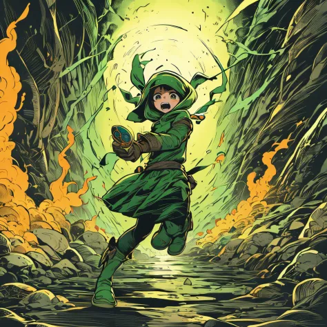 Little bandit girl running through hell、Green costume、Green and yellow flame