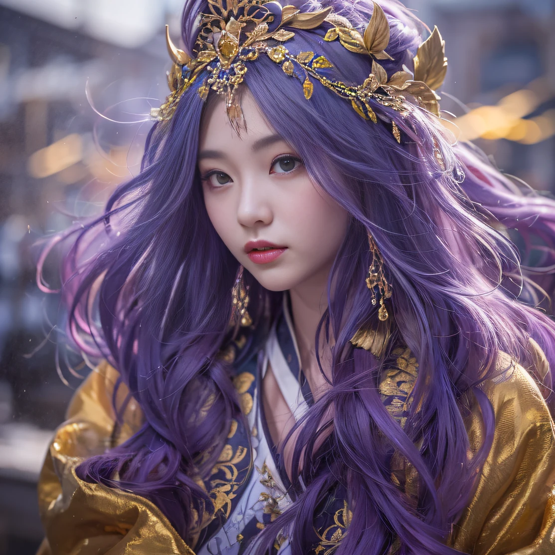 Genki Girl 32K（tmasterpiece，k hd，hyper HD，32K）Long flowing bright purple hair，Autumn Pond，zydink， a color， Asian people （Genki girl）， （Silk scarf）， Combat posture， looking at the ground， long whitr hair， Floating bright purple， Fire cloud pattern gold tiara， Chinese long-sleeved gold silk garment， （Abstract metaverse splash：1.2）， white backgrounid，Lotus vitality protector（realisticlying：1.4），Bright purple hair，Smoke on the road，The background is pure， A high resolution， the detail， RAW photogr， Sharp Re， Nikon D850 Film Stock Photo by Jefferies Lee 4 Kodak Portra 400 Camera F1.6 shots, Rich colors, ultra-realistic vivid textures, Dramatic lighting, Unreal Engine Art Station Trend, cinestir 800，A girl with long flowing bright purple hair