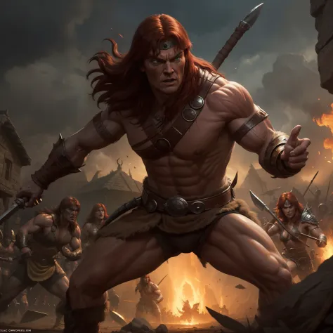 Conan and Red Sonja in a Cimmerian village in an epic battle scene, com o aparecimento de personagens inspirados nos quadrinhos.