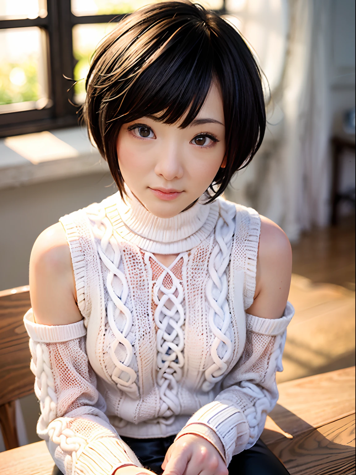 ((pixie_cut short_hair):1.2), 8K、Raw photography。top-quality、high_quality、Extreme_Detail_Photography、Eye for extreme detail、Super Detail Face、Hair in super detail、Super detail body、(Photography Lighting:1.3)、1girl、Puffy eyes、Eyes in good shape。Brown-eyed、dark brown short hair、good lips、Small lips、Raw photo, Best Quality, masutepiece, ultra-detailliert, (white cable knit sleeveless turtleneck :1.5), (white Long sleeves:1.5)超A high resolution, Realistic,wide_angle, pouting, tiny head, big breasts, big hips, (thick thighs:1.6), (black leggings:1.4), ((((solo)))), (feminine sitting:1.4)