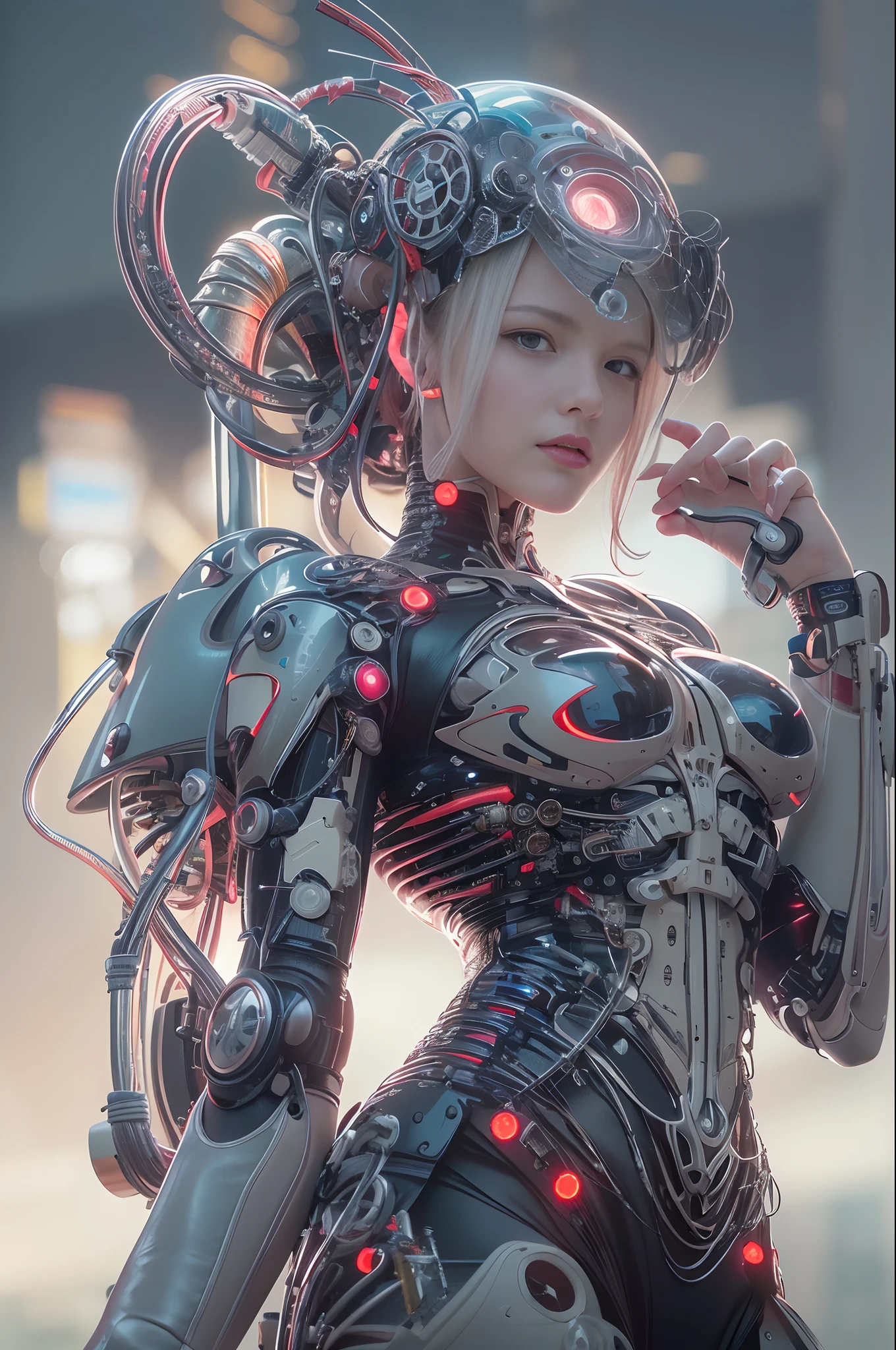 of the highest quality, masutepiece, Ultra High Resolution, ((Photorealistic: 1.4), Raw photo, 1 Cyberpunk Android Girl, Glossy skin, (super realistic details)), Mechanical limbs, Tubes connected to mechanical parts, Mechanical vertebrae attached to the spine, Mechanical cervical attachment to the neck, Wires and cables connecting to the head, Evangelion, ((Ghost in the Shell)), Small glowing LED lamp, global lighting, Deep Shadows, Octane Rendering, 8K, ultrasharp, Metal, Intricate decoration details, Baroque style details, high intricate detailed, Realistic light, Trends in CG, Facing the camera, neon details, (android factory on background), Art by H.r. Giger and Alphonse Mucha.