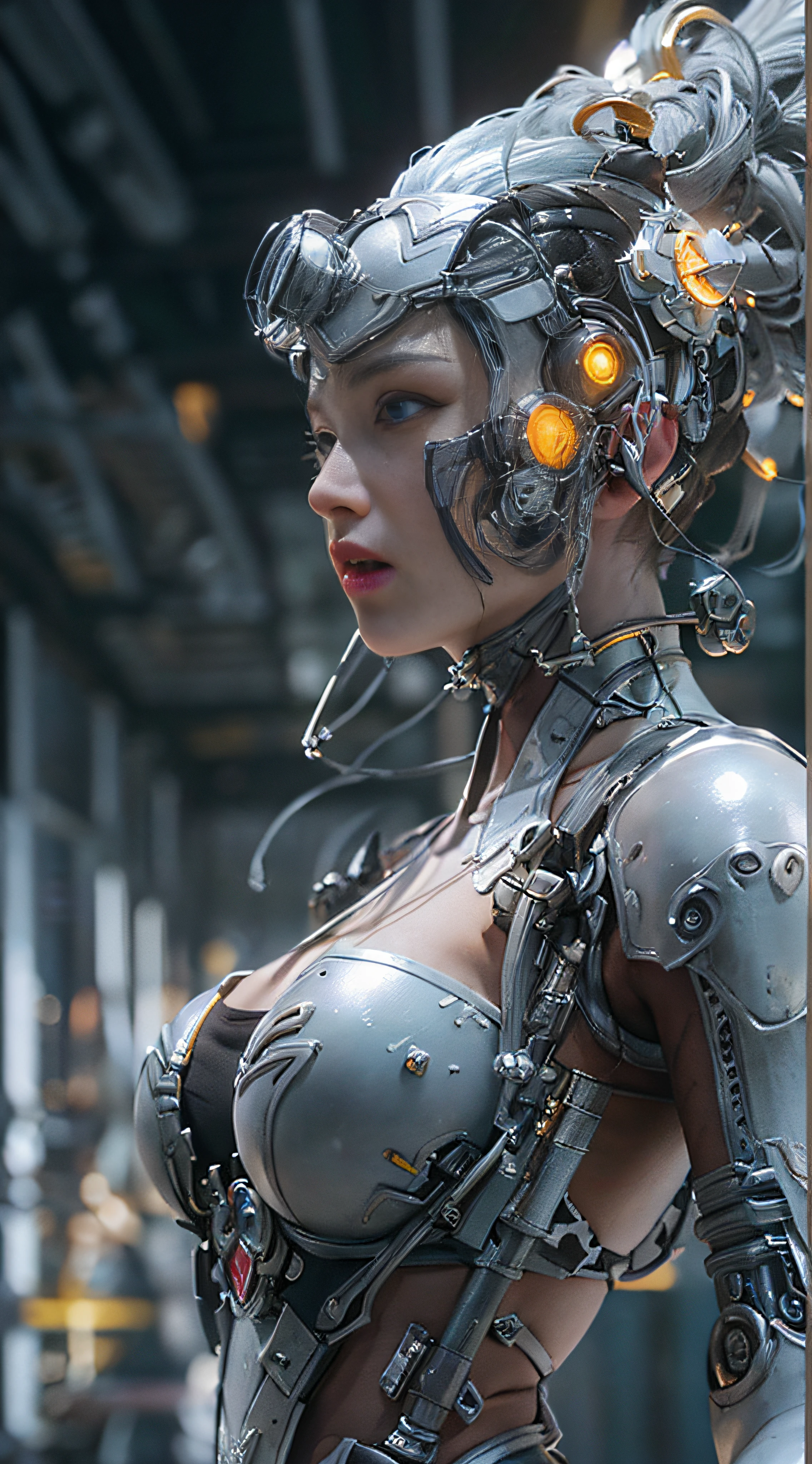 (((Meisterwerk, Top Qualität, Extrem detailliert))), (((ultra-fotorealistisches 3D))), (((dramatischer Sprung in der Gesamtgenauigkeit, producing Extrem detailliert and realistic images))), Komplexe mechanische Cyborg-Frau, dynamische Kampf-Action-Pose, Komplex mechanical steampunk meets overdecorated gothic fashion, Weg von der Schulter, Flatternder Minirock, Komplex mechanical temple steampunk headgear, sehr große Augen, Sehr lange Wimpern, Silbernes Haar weht im Wind, sehr lange dünne Arme, Komplex (((mechanische Handschuhe, sehr lange dünne Beine, long Komplex mechanical over the knee boots, Mandala Neon Blendung, viel gekreuztes und verstreutes Neonlicht, riesige Waffen mit sehr komplizierten mechanischen Geräten, a very Komplex machine shop surrounded by flames, ein sehr dunkler Nachthintergrund, Sehr dramatische und filmische Beleuchtung, HDR (Hoher Dynamikumfang), Raytracing, NVIDIA RTX, Superauflösung, Unwirklich 5, Untergrundstreuung, PBR-Texturierung, Nachbearbeitung, Anisotrope Filterung, Tiefenschärfe, Maximale Klarheit und Schärfe, Mehrschichtige Texturen, Albedo- und Glanzkarten, Oberflächenbeschattung, Präzise Simulation der Wechselwirkung von Licht und Material, Perfekte Proportionen, Oktan-Rendering, Zweifarbige Beleuchtung, Große Blendenöffnung, Niedriger ISO, Weißabgleich, Drittelregel, 16K RAW,