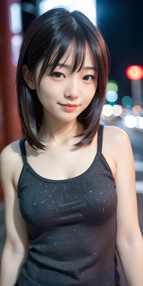 1girl, Tokyo street,night, cityscape,city lights,upper body,close-up,smile,, (8k, RAW photo, best quality, masterpiece:1.2),(rea...