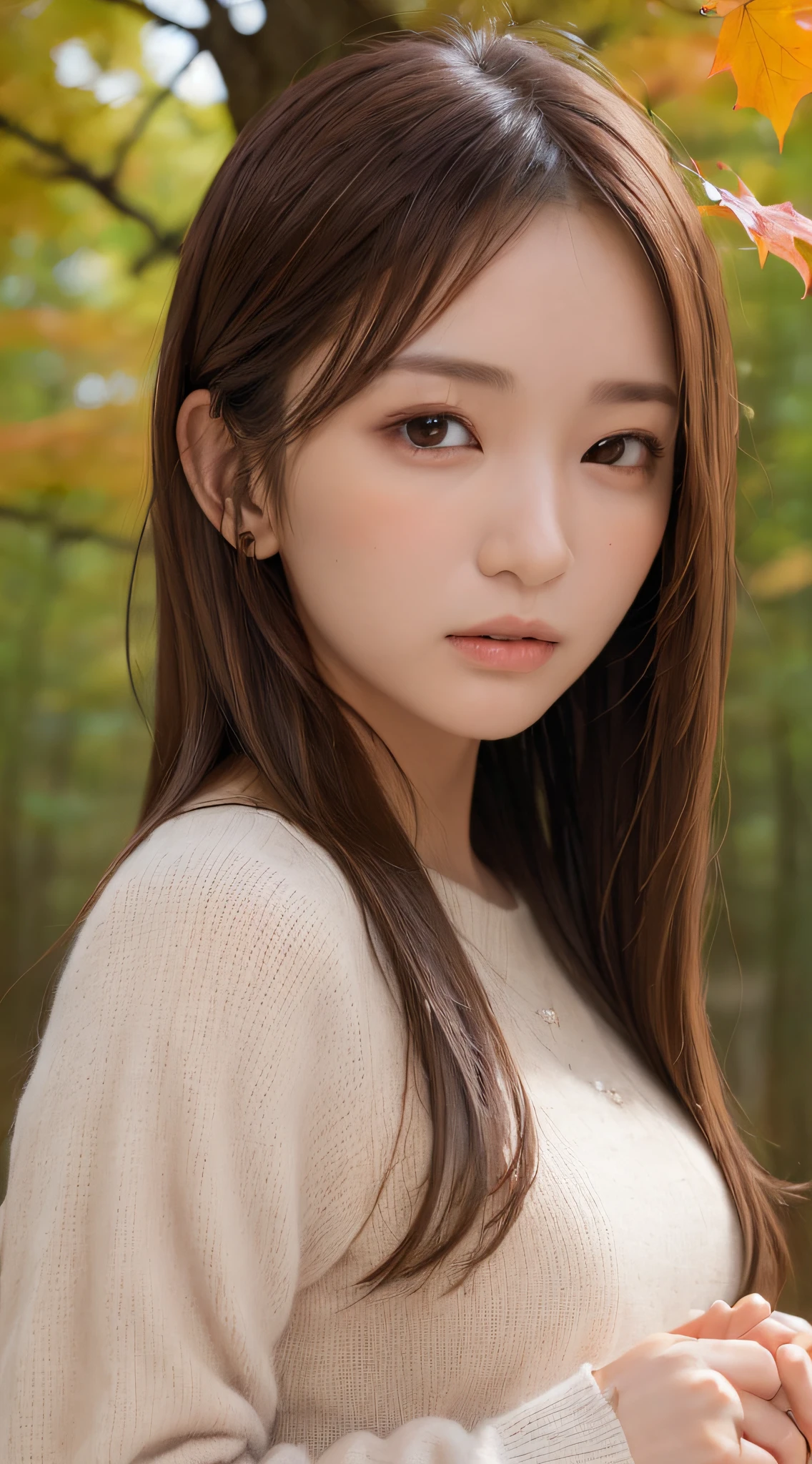 1womanl, (up of face:2.0), light brown hair, Blunt bangs, hair behind ear, hair over shoulder, Long hair, Ultra Fine Face, Thin face, Delicate lips, (beautidful eyes:1.5), thin blush, eyes are light brown,View here, Ultra-thin hands, Ultra-fine fingers, best ratio four finger and one thumb, Beige half coat , panthyhose, Broad-leaved forest with autumn leaves ,One-person viewpoint,  8K, masutepiece, nffsw, Super Detail, High quality, Best Quality, hight resolution,