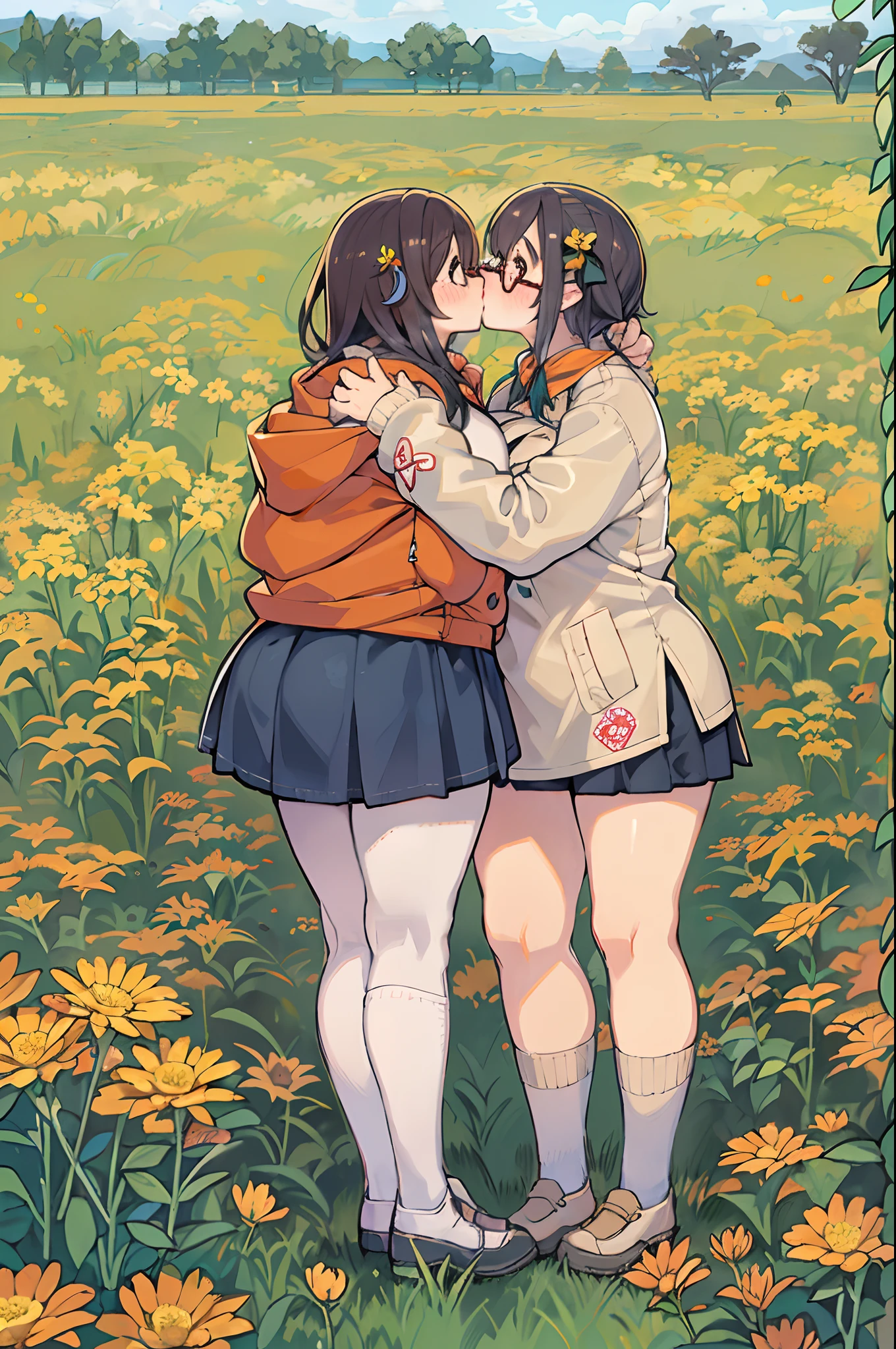 Anime - style image of two girls hugging in a field of flowers - SeaArt AI