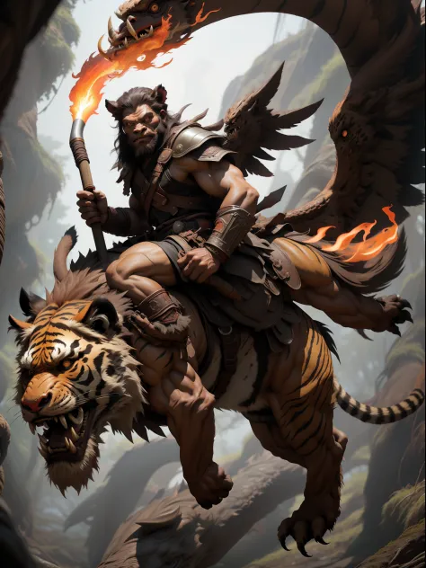 full body,a Tiger headed monster，male, solo, looking at viewer, red eyes, Hold a giant flame hammer in each hand, leather armour, 8k, depth of field, intricate details,Strong muscles throughout the body，（Riding on the back of a fierce giant eagle：1.2），Flyi...