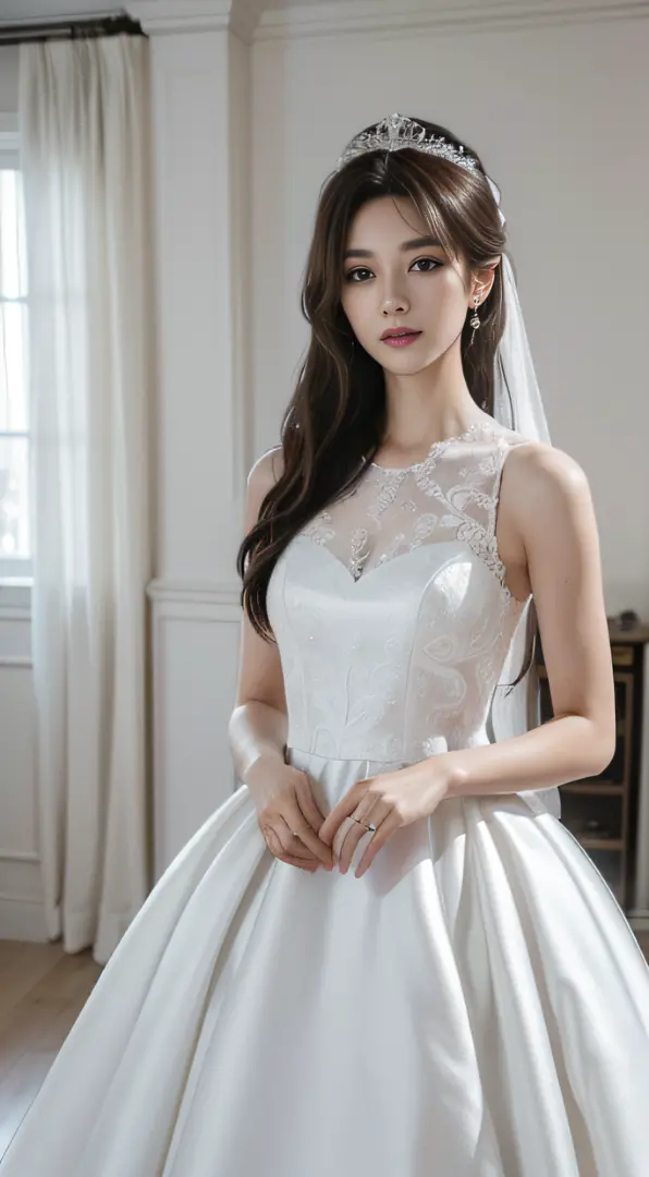 (Very detailed, reasonable design, Clear lines,Best quality, Masterpiece,Light and dark Canon photography crystal clear （realisticlying:1.2）Beautiful woman in white wedding dress