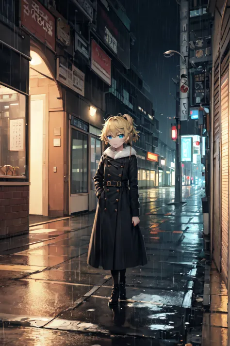 tanya, masterpiece:1.2, high quality art:1.1, rain in the night city, melancholic atmosphere, vibrant colours