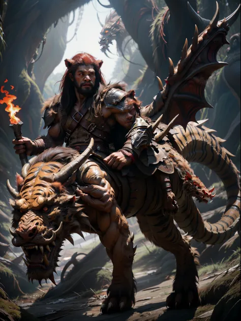 full body,a Tiger headed monster，male, solo, looking at viewer, red eyes, Hold a giant flame hammer in each hand, leather armour, 8k, depth of field, intricate details,Strong muscles throughout the body，（Riding on the back of a fierce giant dragon：1.2），Fly...