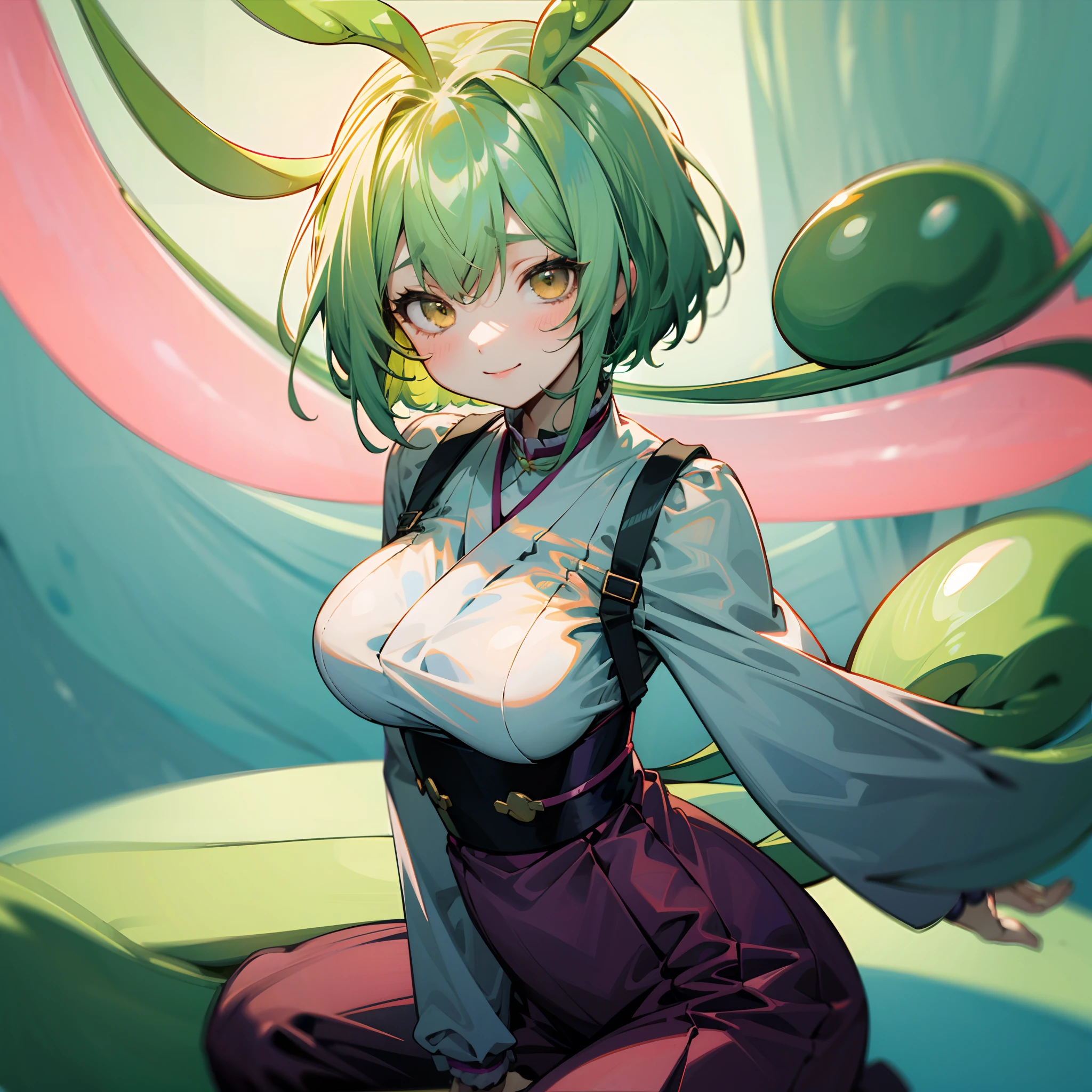 a beauty girl，Yellow-green hair，bobhair、short-hair、Gentle drooping eyes，large full breasts、校服，Manga style，fulcolor，hi-school girl，Calm and gentle face，Big smile、innocent smiles