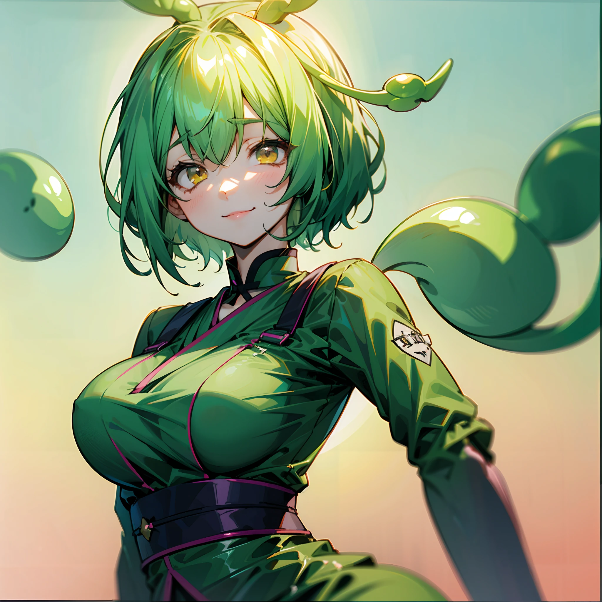 a beauty girl，Yellow-green hair，bobhair、short-hair、Gentle drooping eyes，large full breasts、校服，Manga style，fulcolor，hi-school girl，Calm and gentle face，Big smile、innocent smiles