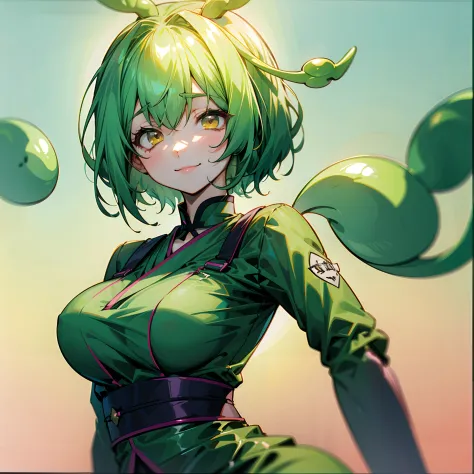 a beauty girl，yellow-green hair，bobhair、short-hair、gentle drooping eyes，large full breasts、校服，manga style，fulcolor，hi-school gir...