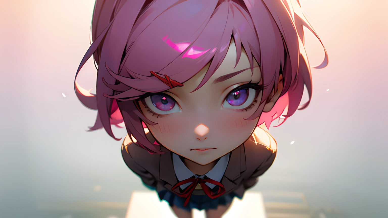 (best quality,4k,8k,highres,masterpiece:1.2),ultra-detailed,(realistic,photorealistic,photo-realistic:1.37), natsuki (ddlc), short hair, pink colored hair, pink colored eyes, beautiful detailed eyes, small thigh, small chest, small body, school uniform, anime art style, doki doki literature club art style, vibrant colors, soft lighting