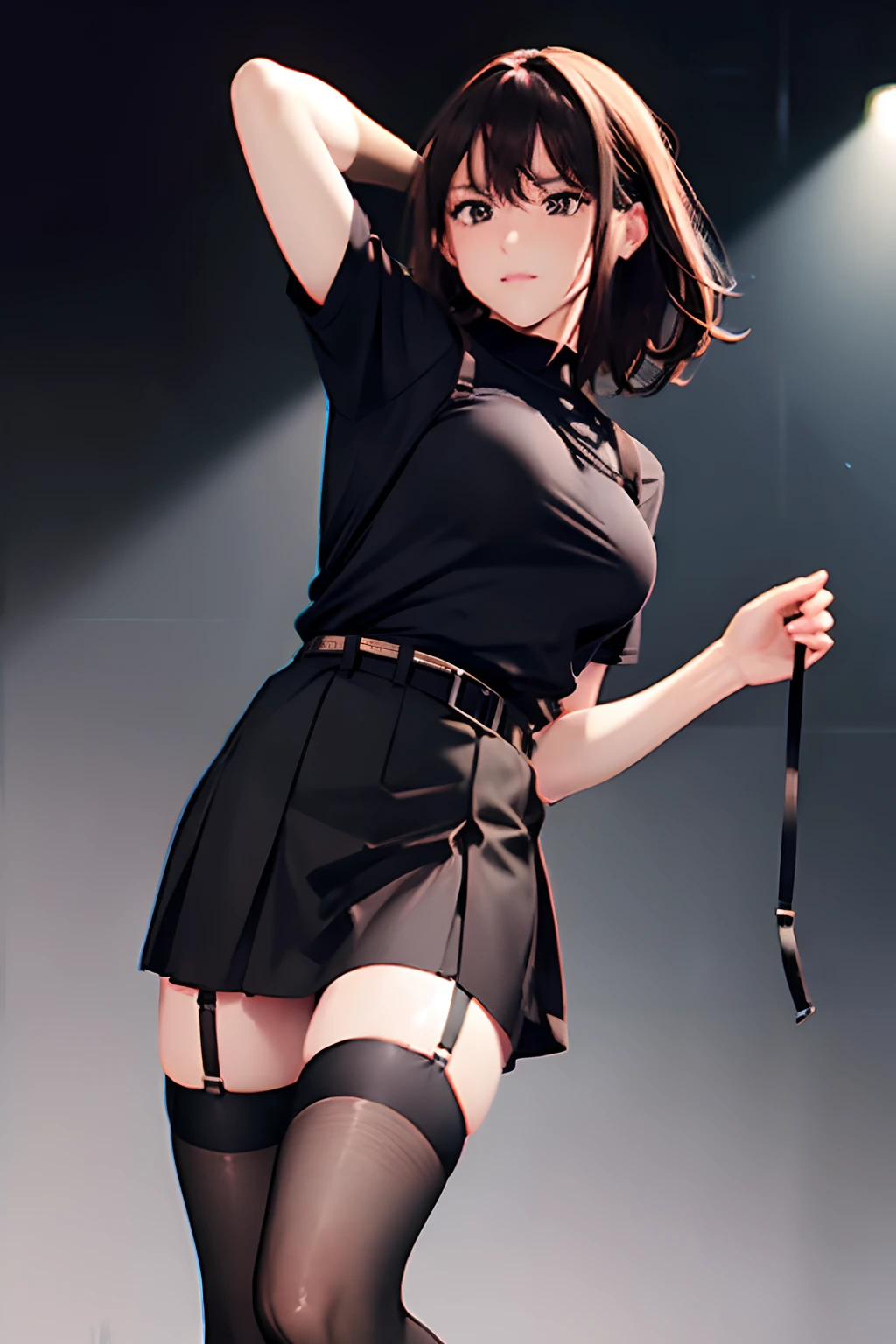 Black skirt, 　suspenders, Brown hair Gray eyes, Garter belt on the legs, Tight black clothes, 　　 a belt　Armpit sweat　　Dark look　Moderately breasts　holster　chain　　poneyTail　Water wetting