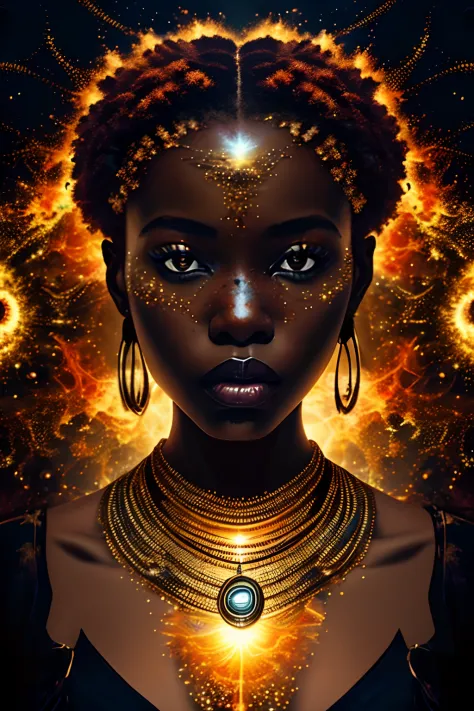 masterpiece, best quality, ultra high res, 1 dark skinned African girl, (fractal art:1.3), deep shadow, dark theme, fully clothe...