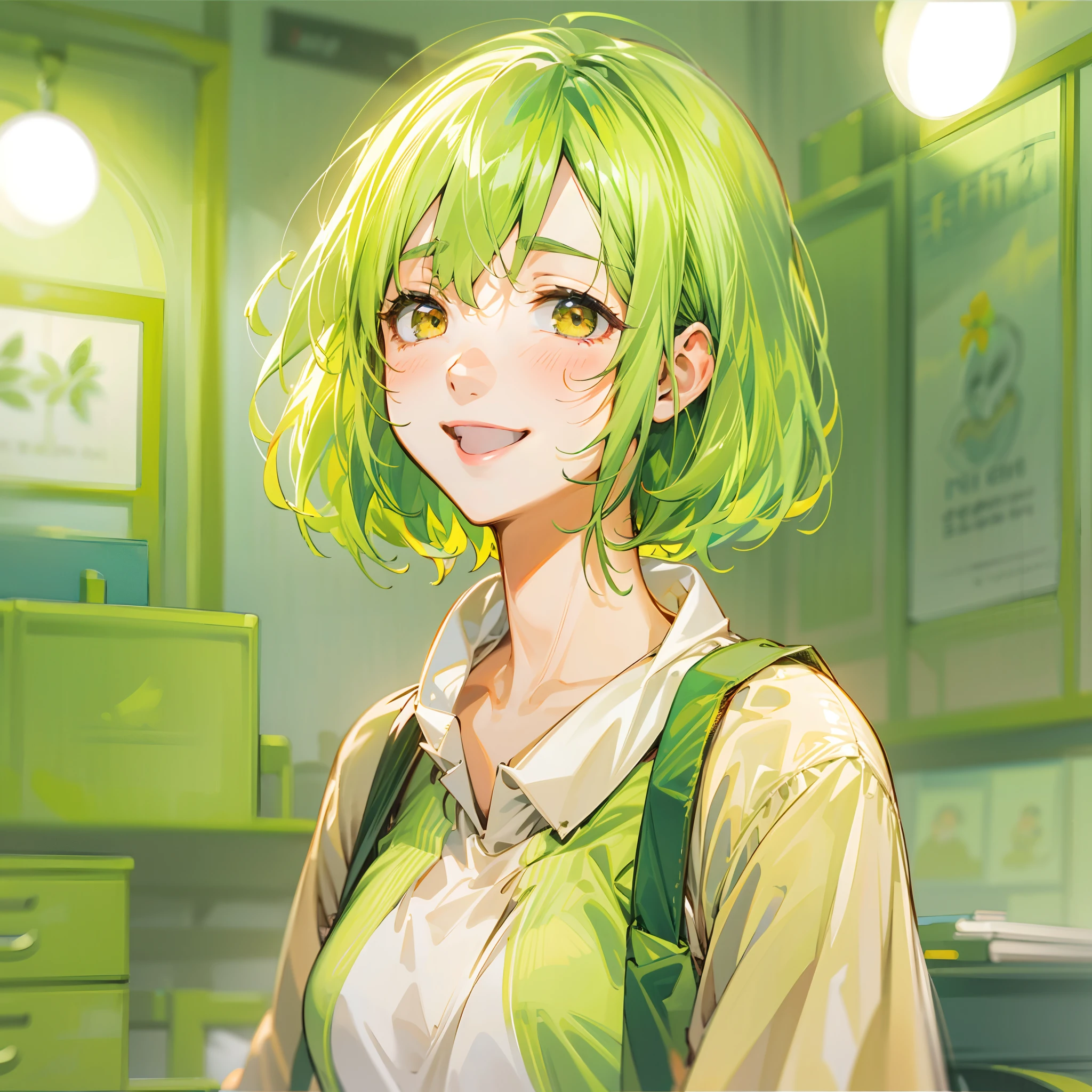 a beauty girl，Yellow-green hair，bobhair、short-hair、Gentle drooping eyes，large full breasts、Uniforms，Manga style，fulcolor，hi-school girl，Calm and gentle face，Big smile、innocent smiles