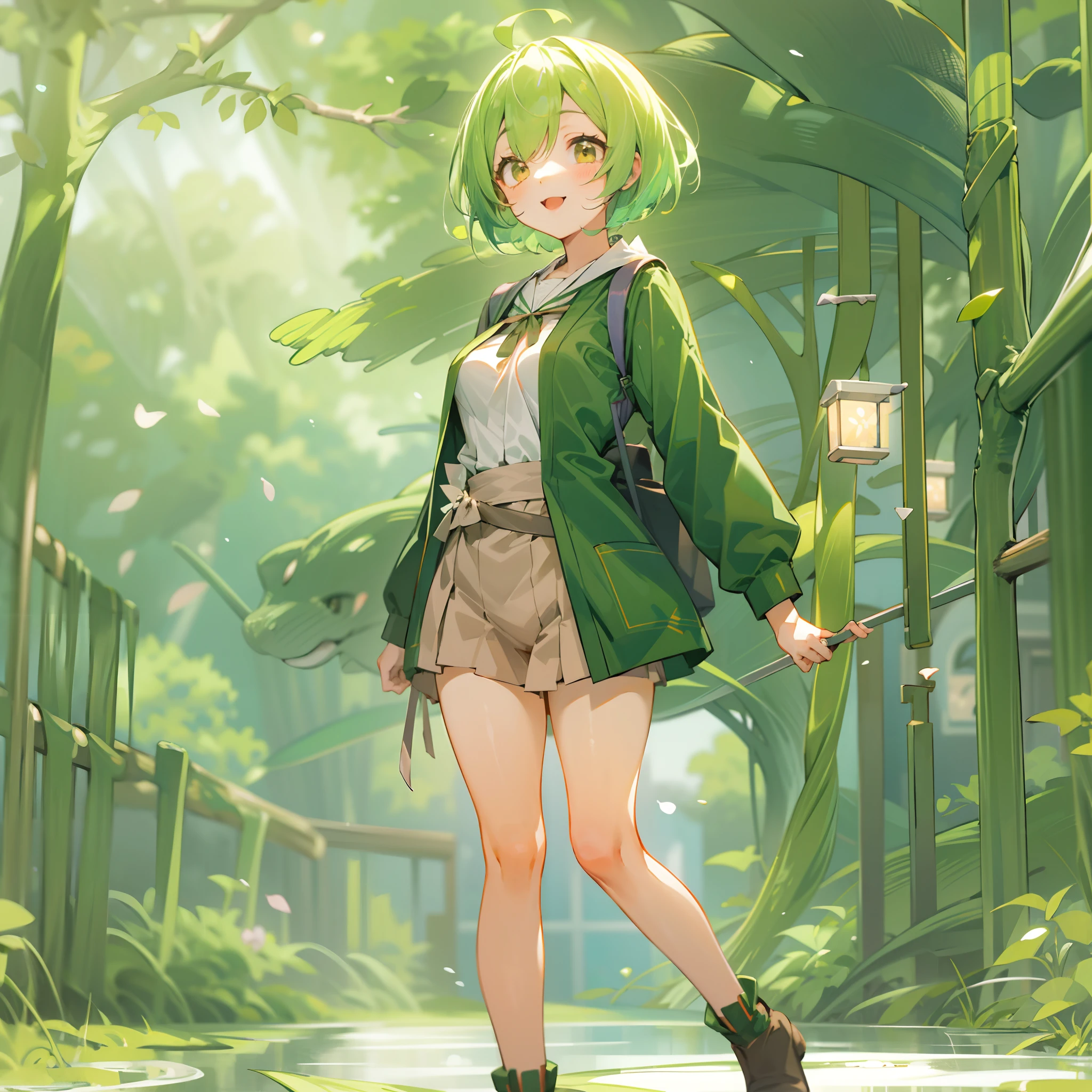 a beauty girl，Yellow-green hair，bobhair、short-hair、Gentle drooping eyes，large full breasts、Uniforms，Manga style，fulcolor，hi-school girl，Calm and gentle face，Big smile、innocent smiles