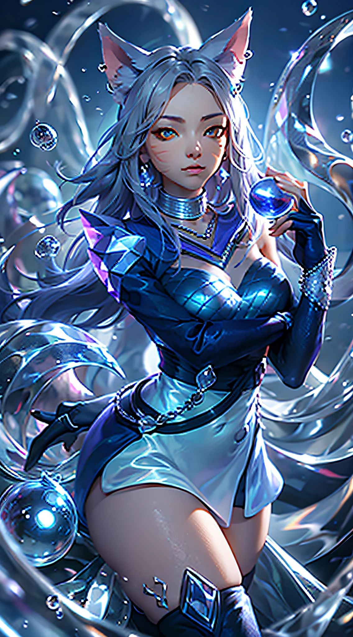 tiara, sailor senishi uniform, blue sailor collar, perfect face knee boots, white gloves, elbow gloves, jewelry, earrings, blue skirt, cowboy shooting, sphere, crystal ball, 1 girl water jade tree water, a beaver, a fox \ (League of Legends), K/DA\ (League of Legends), animal ears, face markings, fox ears, fox tail, orange eyes, multiple tails, tail,