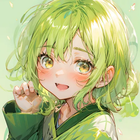 yellow-green hair、right hand、Stroking hair with right hand、