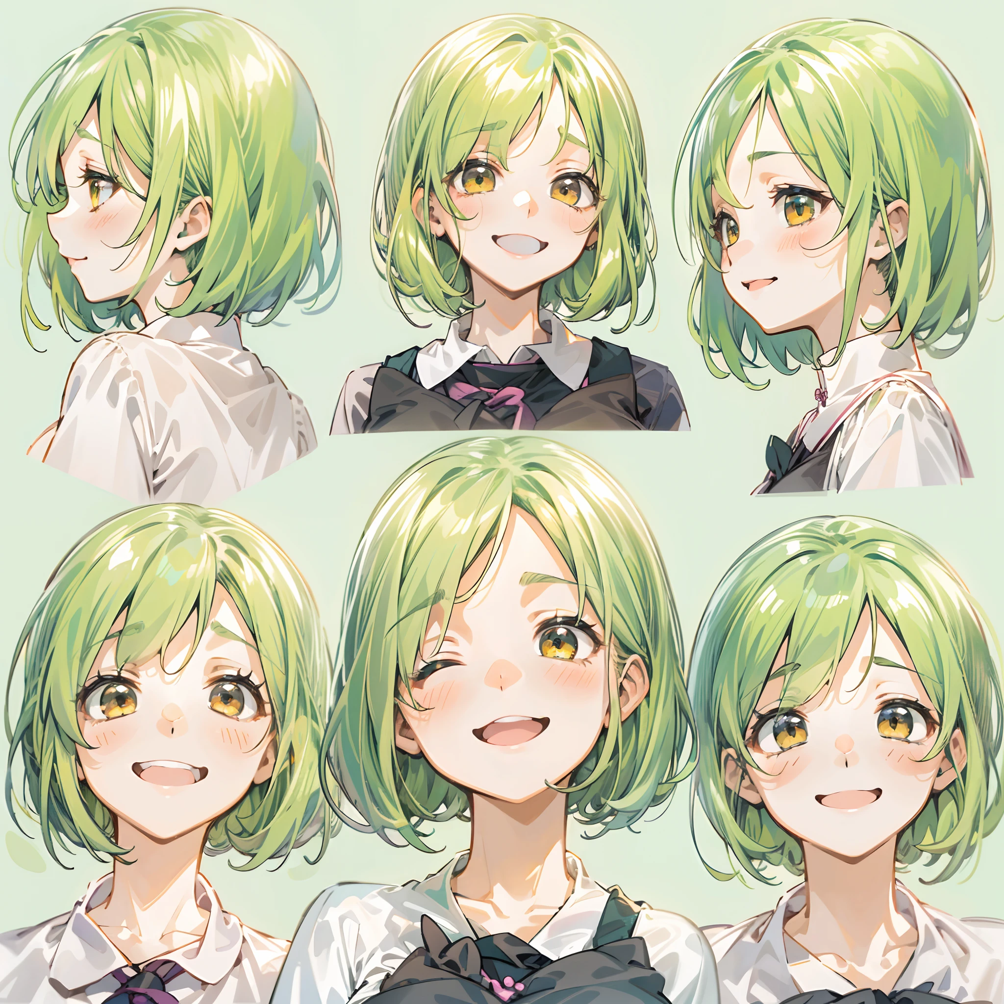 a beauty girl，Yellow-green hair，bobhair、short-hair、Gentle drooping eyes，large full breasts、Uniforms，Manga style，fulcolor，hi-school girl，Calm and gentle face，Big smile、innocent smiles