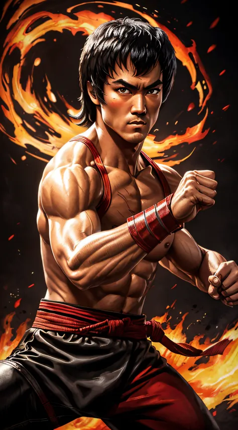 actor ((Bruce Lee)) as Liu Kang, Mortal Kombat, (red headband), black pants with red stripes, fire on background, intricate, hig...
