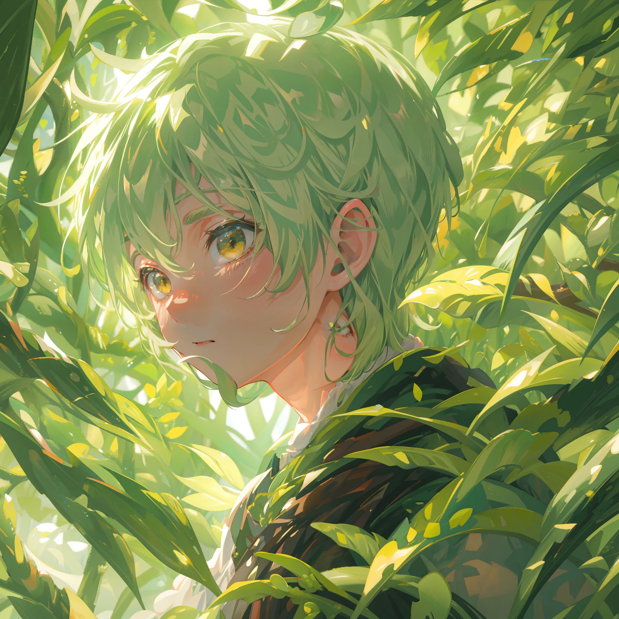 masterpiece, fine detail, 4k, 8k, 12k, solo, 1 person, handsome boy, white male, zundamon, 12 years old, shota, short stature, yellow-green hair, short hair, voluminous hair, sunlight filtering through foliage