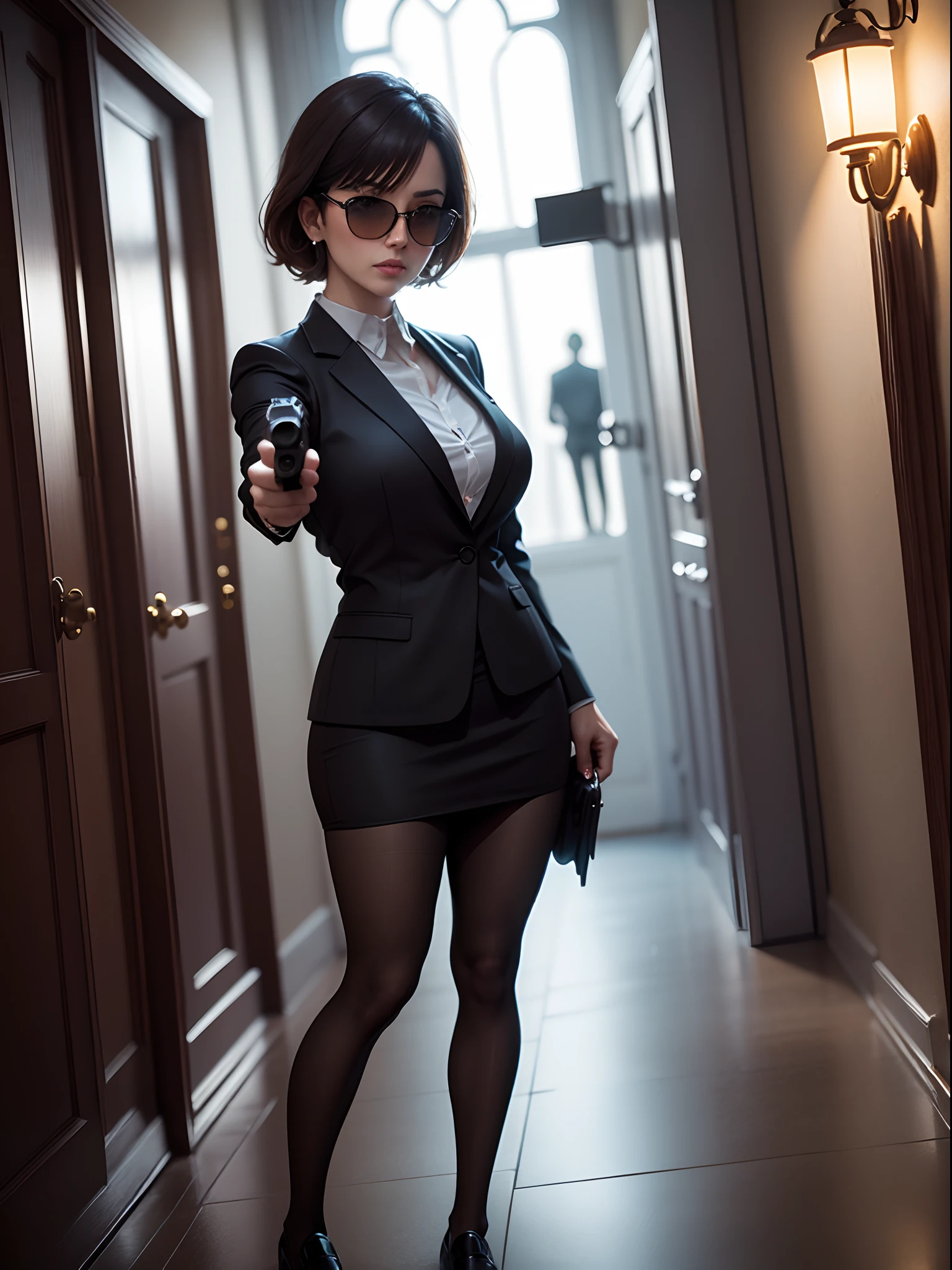 1woman, mature woman, handgun, masterpiece, best quality, black suit and tie, pencil skirt, miniskirt, pantyhose, dress shoes, shooting pose, sunglasses, holding and aiming a pistol, mansion, bodyguard, nighttime, danger atmosphere, depth of field, full body shot, perfect anatomy, solo