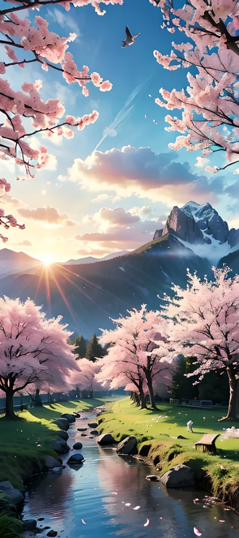 deep forest, distant mountains, flying birds.2D style, bright, vibrant，Cherry blossoms cover the mountainside, and in the distance a sunrise can be seen，A small stream winds its way, and on the bank there are several narcissus flowers，Sunrise