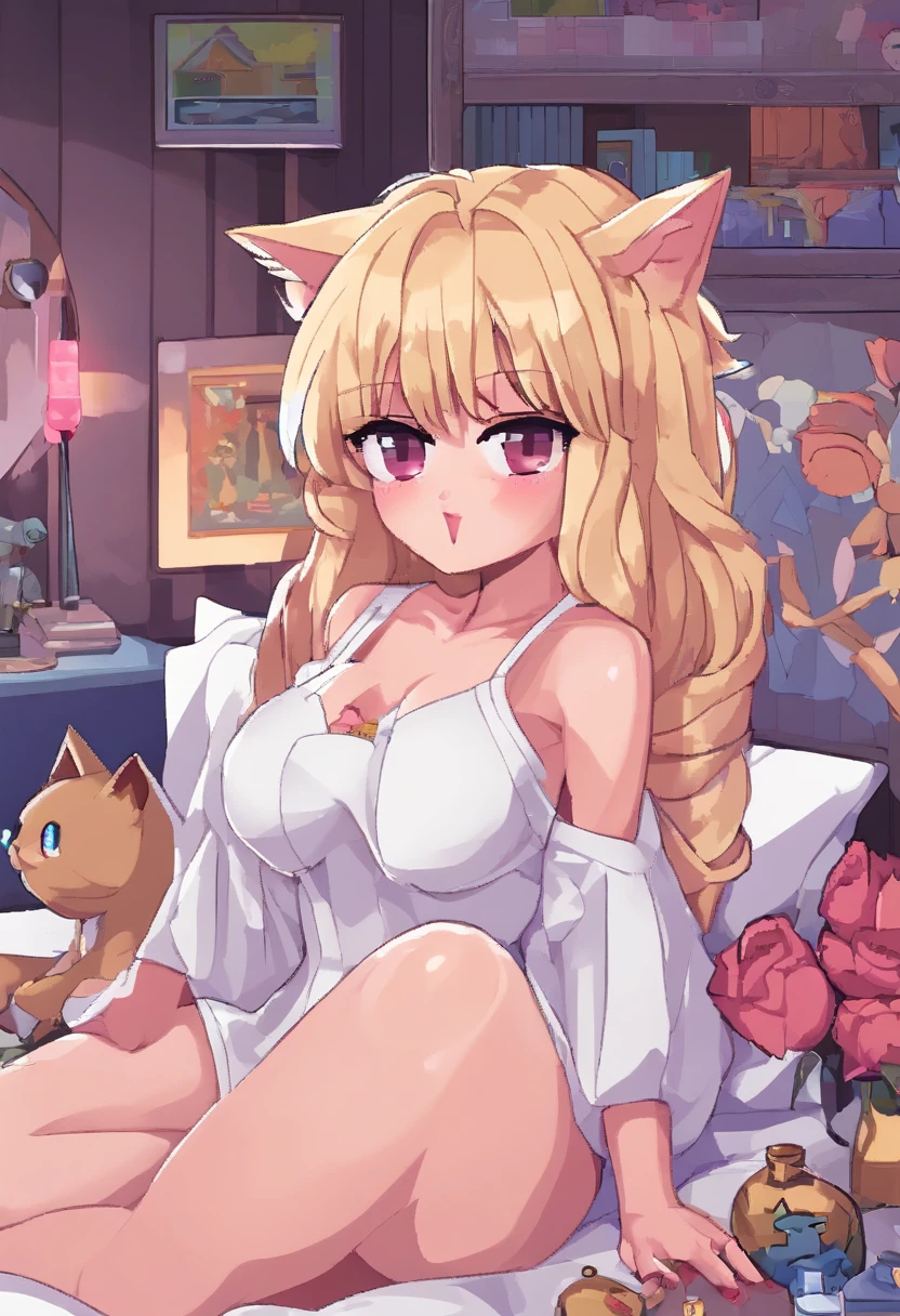 Anime girl in white lingerie sitting on bed with cat ears - SeaArt AI